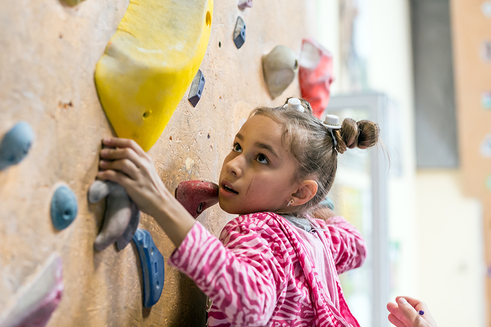 Junior Climber Hanging On Holds On Climbing Wall Junior Climber Hanging On Holds On Climbing Wall