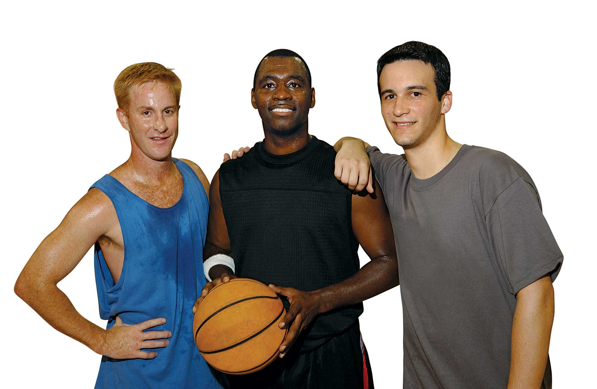 Three men in adults basketball league at the YMCA.
