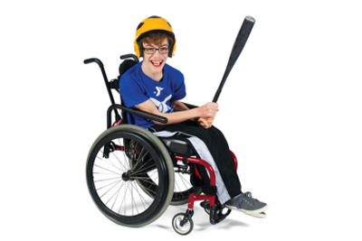 Boy in wheel chair wearing yellow helmet holding a bat.
