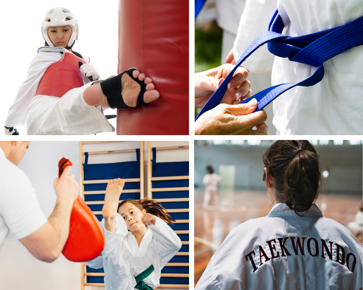 Young girl practicing martial arts kicking a boxing bag, another practicing with instructor. Young girl practicing martial arts kicking a boxing bag, another practicing with instructor.