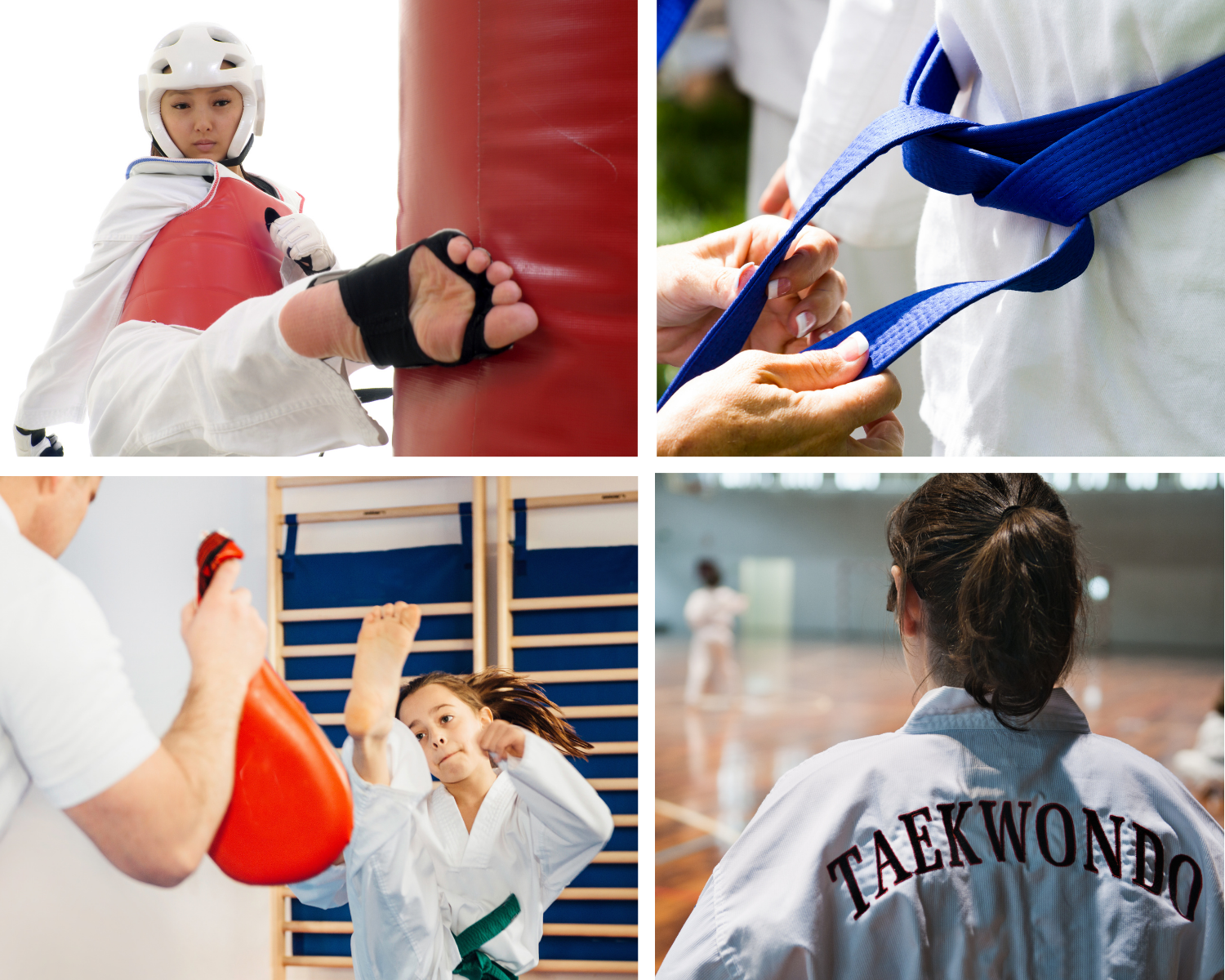 Young girl practicing martial arts kicking a boxing bag, another practicing with instructor.