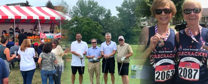 Adults Listening To A Band Play, Holding Medals, And Playing Golf At The Ymca Returning In 22' Event.