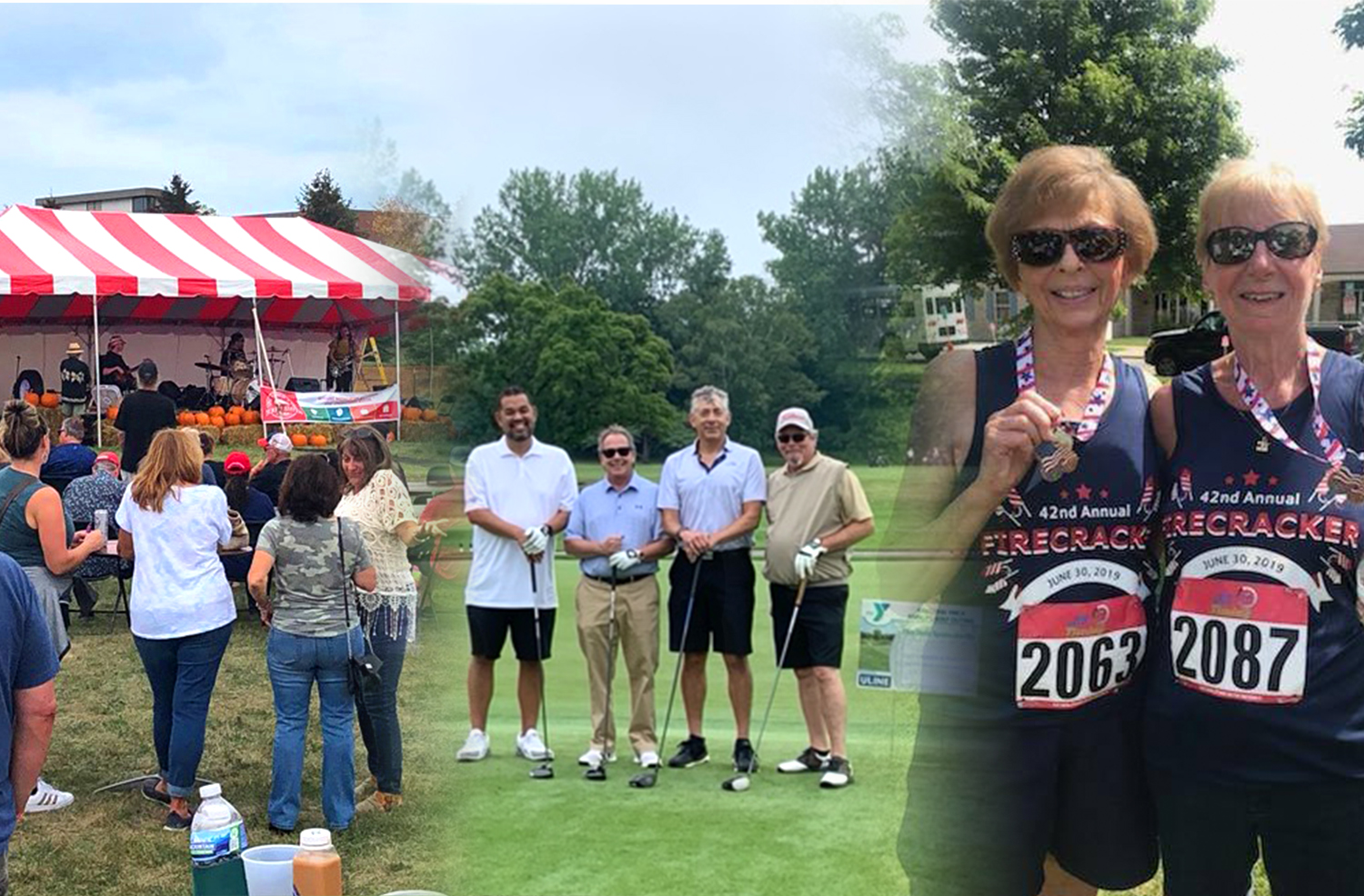 Adults listening to a band play, holding medals, and playing golf at the YMCA Returning in 22' event.