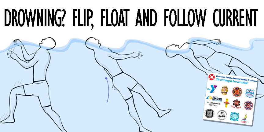 illustration of person flipping onto their back while drowning and then floating with head above water. Flip, Float, and follow current