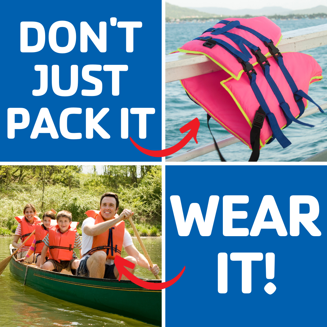 Safety Around Water – Don’t Just Pack a Life Jacket, Wear It! Don't just pack it, wear it! Family of four with life vests on in a canoe compared to a life vest not being worn