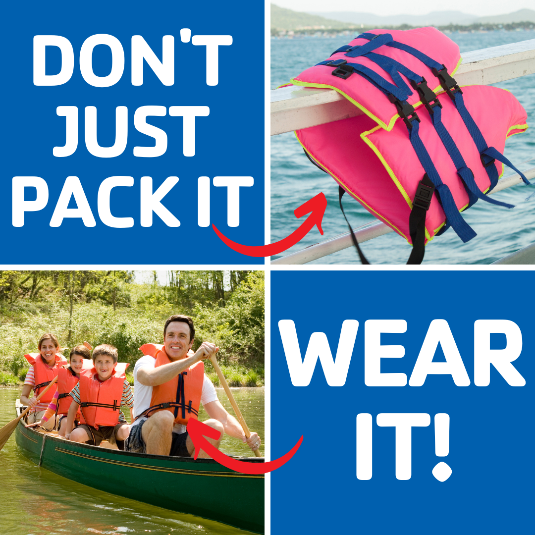 Don't just pack it, wear it! Family of four with life vests on in a canoe compared to a life vest not being worn