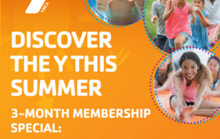 Graphic for summer Kenosha Y membership with photos of kids swimming, running, and stretching