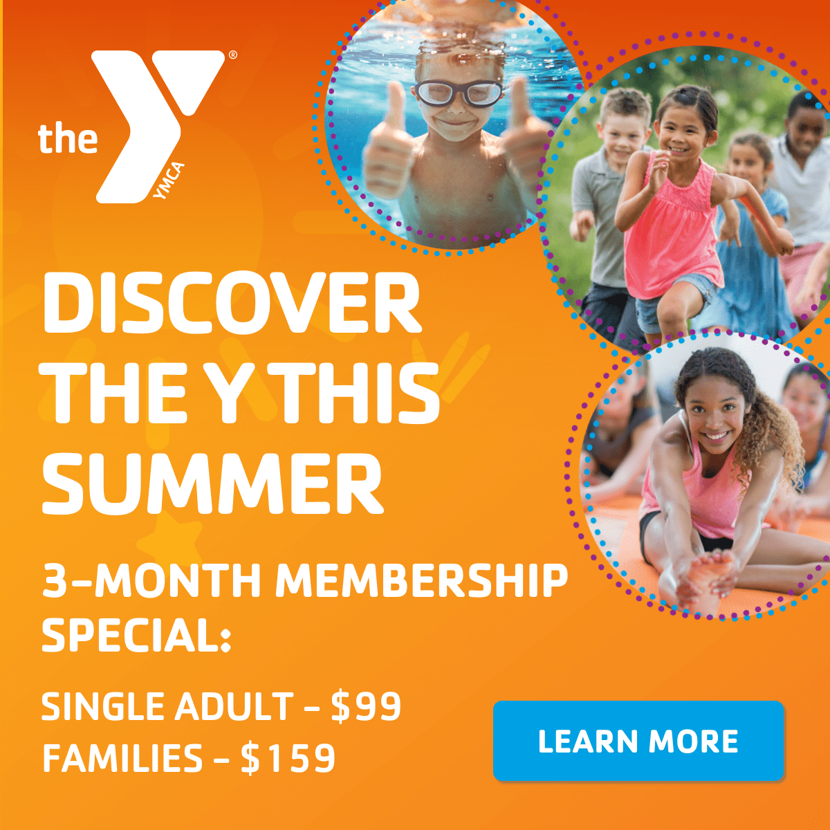 Graphic for summer Kenosha Y membership with photos of kids swimming, running, and stretching